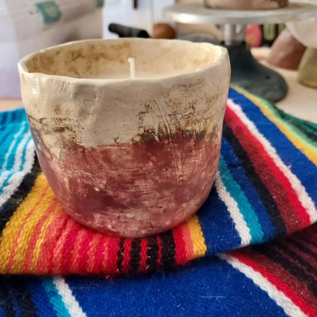 Candle in homemade ceramic cup, no two are alike